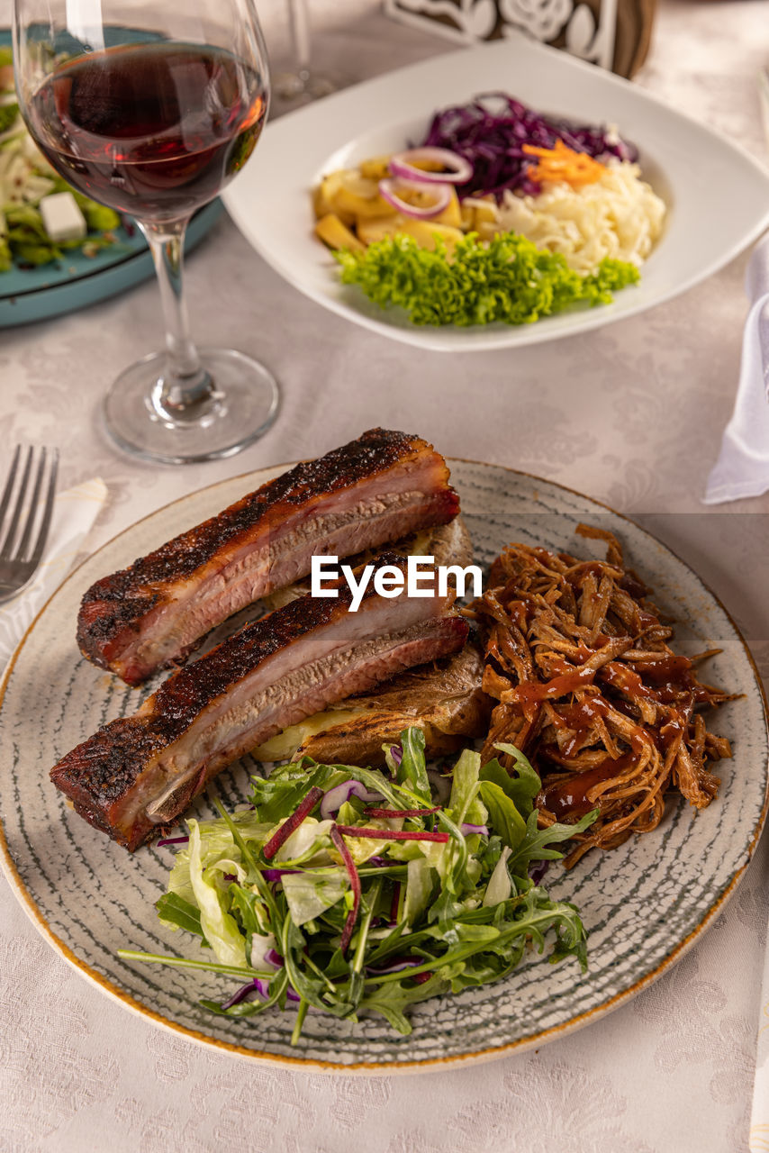 high angle view of food served in plate on table