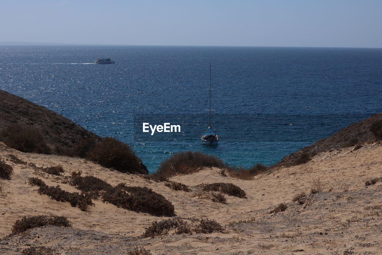 High angle view of sea against clear sky