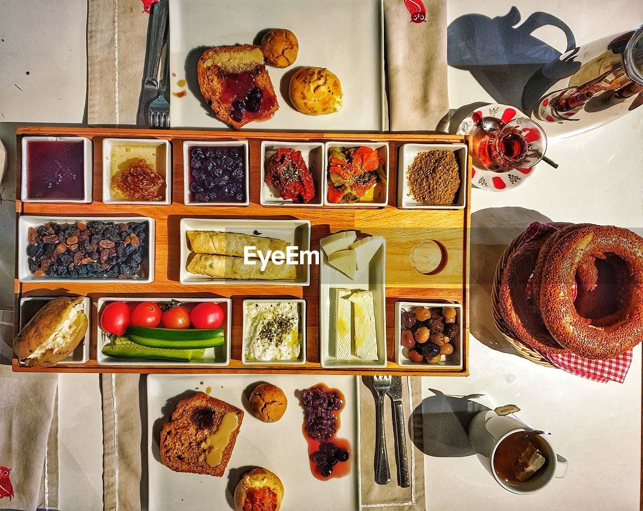High angle view of meal served on table turkish breakfast