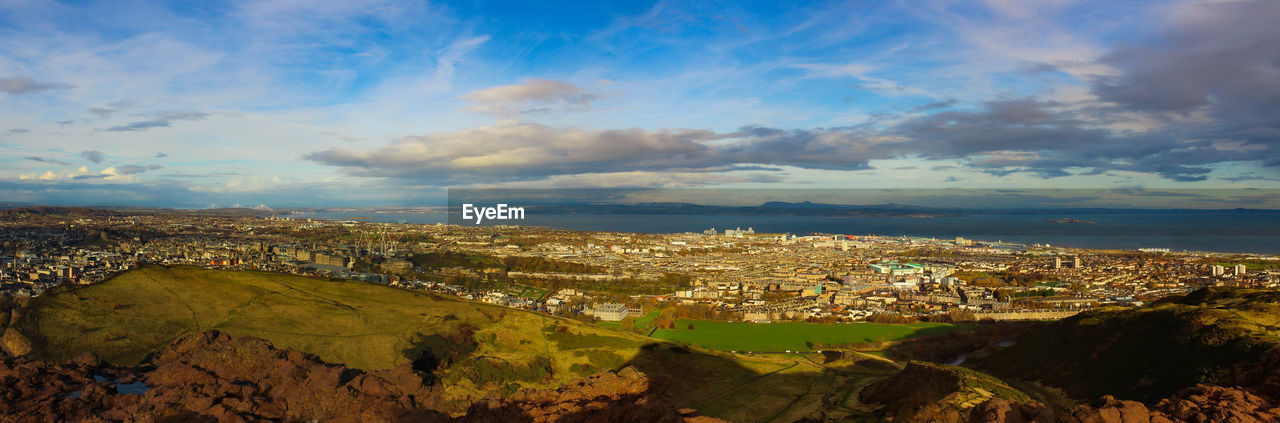 High angle shot of townscape against sky