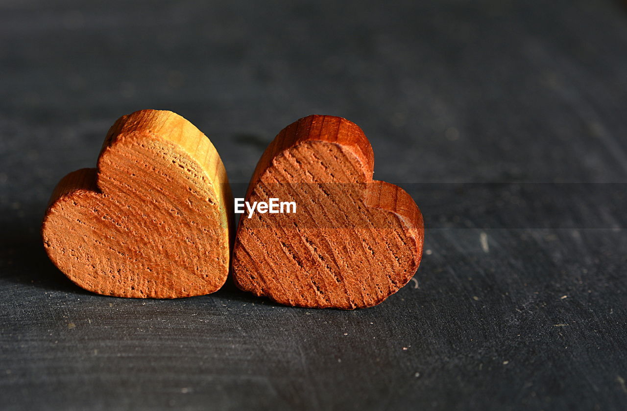 High angle view of wooden heart on table