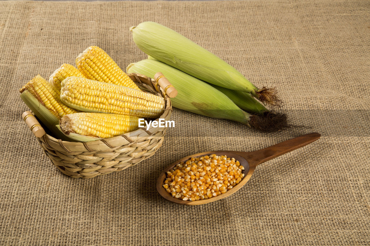 Close-up of corns on burlap