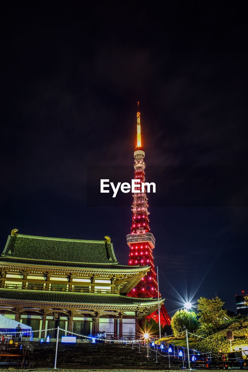 LOW ANGLE VIEW OF ILLUMINATED BUILDING AGAINST SKY