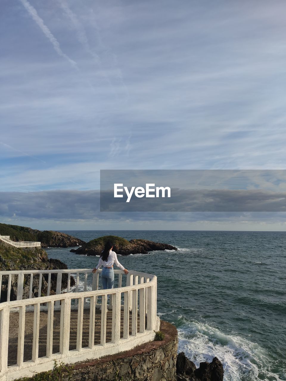 water, sea, nature, day, beauty in nature, scenics - nature, high angle view, staircase, no people, ocean, outdoors, coast, motion, architecture, reflection, wave, beach, sky, railing, built structure, tranquility, land, cloud, tranquil scene, travel