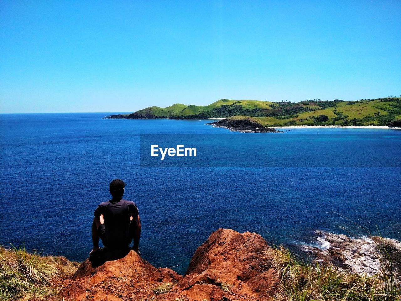 Rear view of man sitting on rock by sea against clear sky