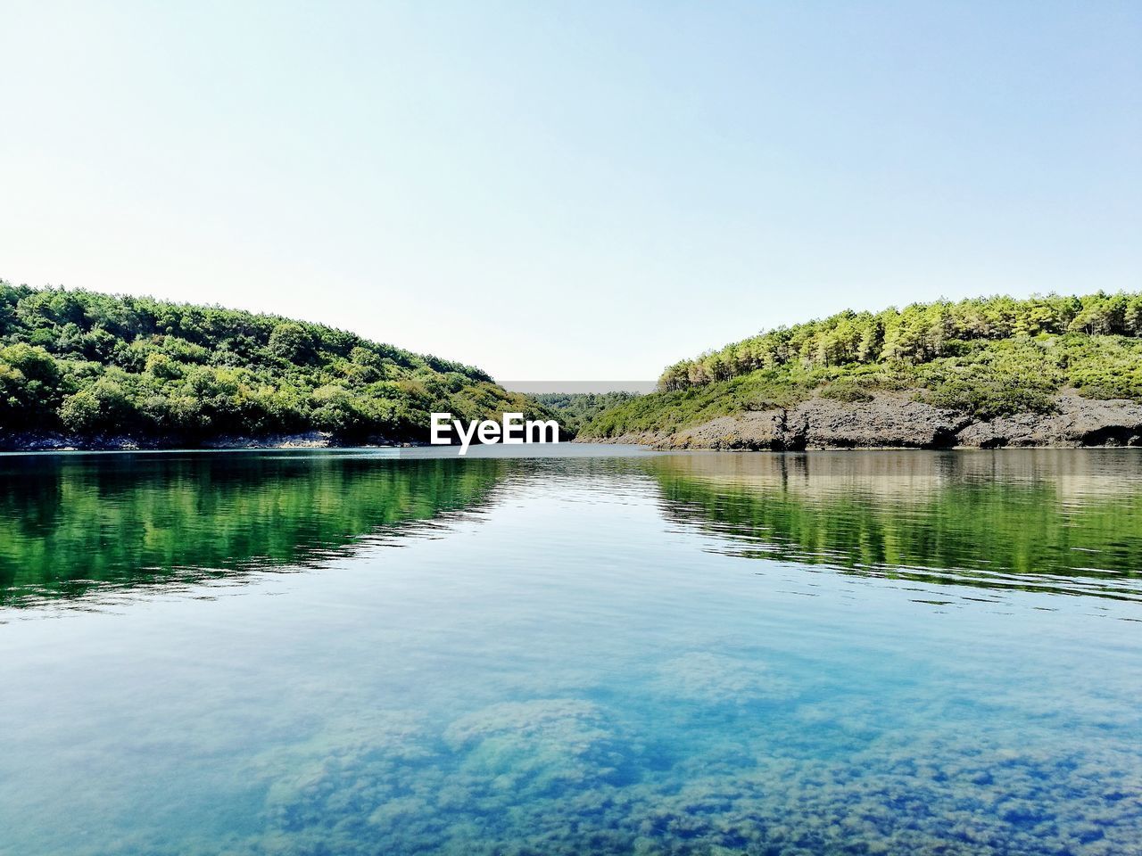 Scenic view of lake against clear sky