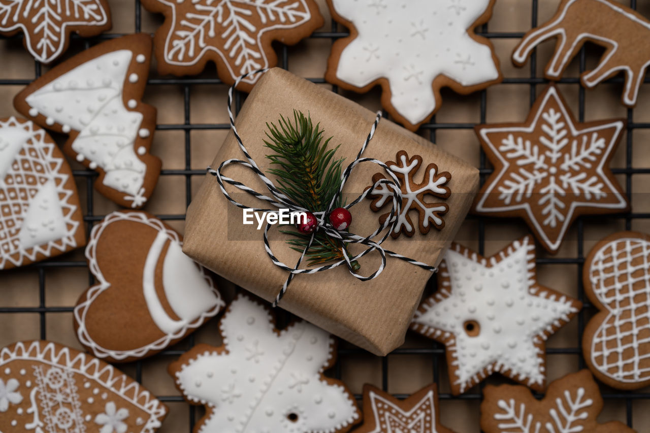 High angle view of christmas decorations on table