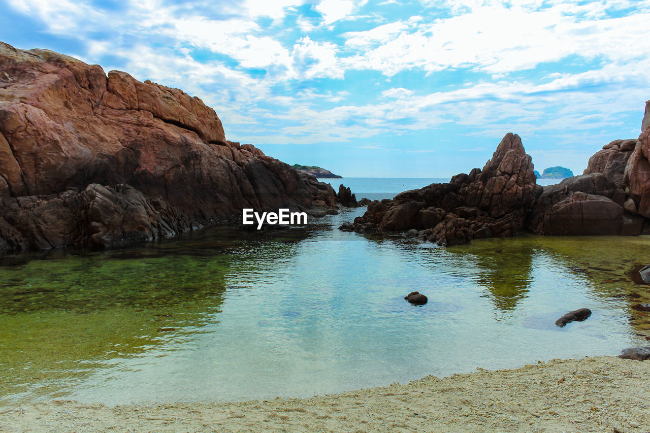 SCENIC VIEW OF SEA BY ROCK AGAINST SKY