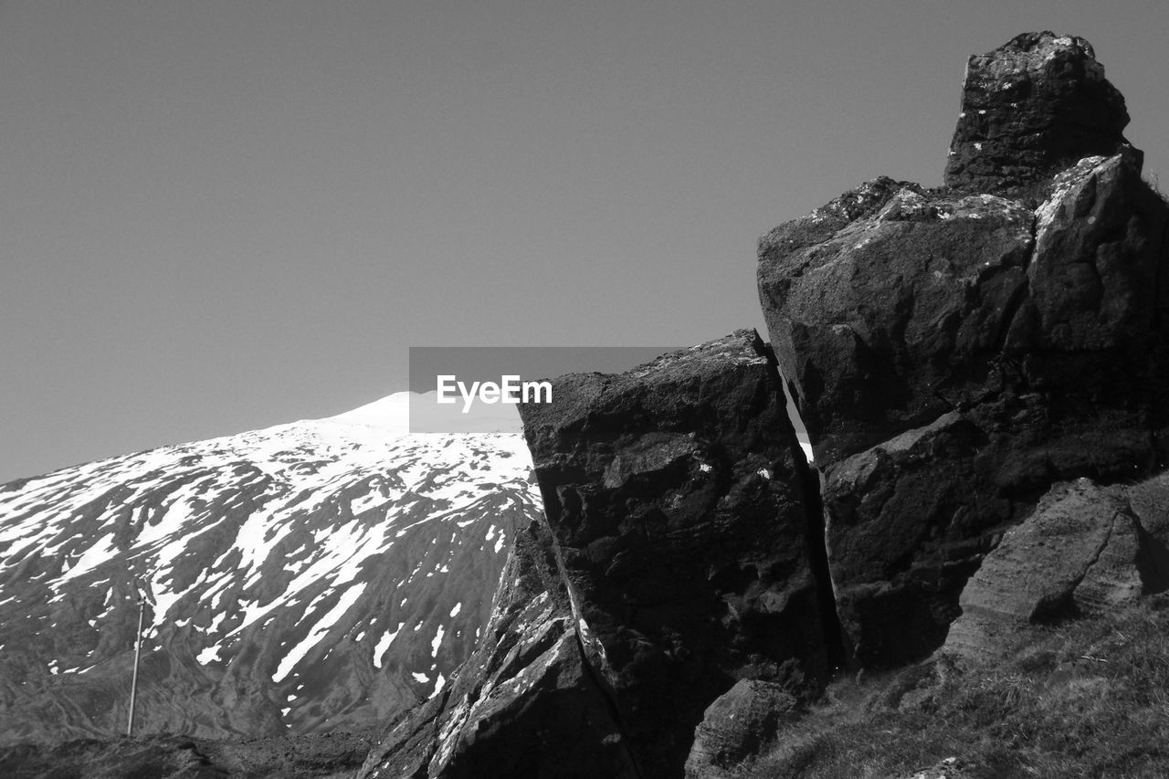 Low angle view of rock formation against clear sky