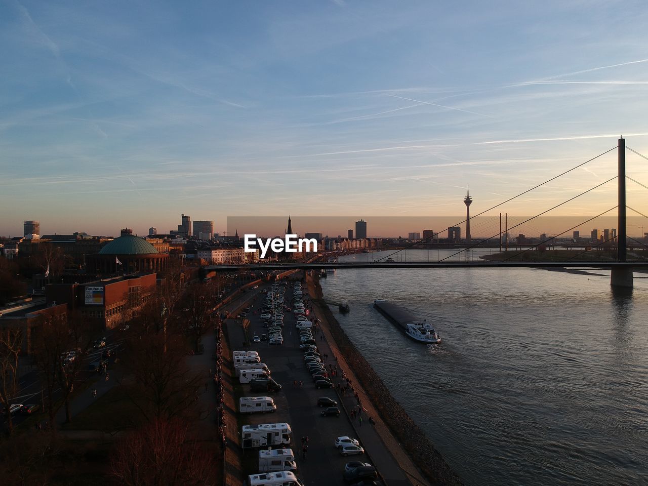 High angle view of city at sunset düsseldorf rhein 