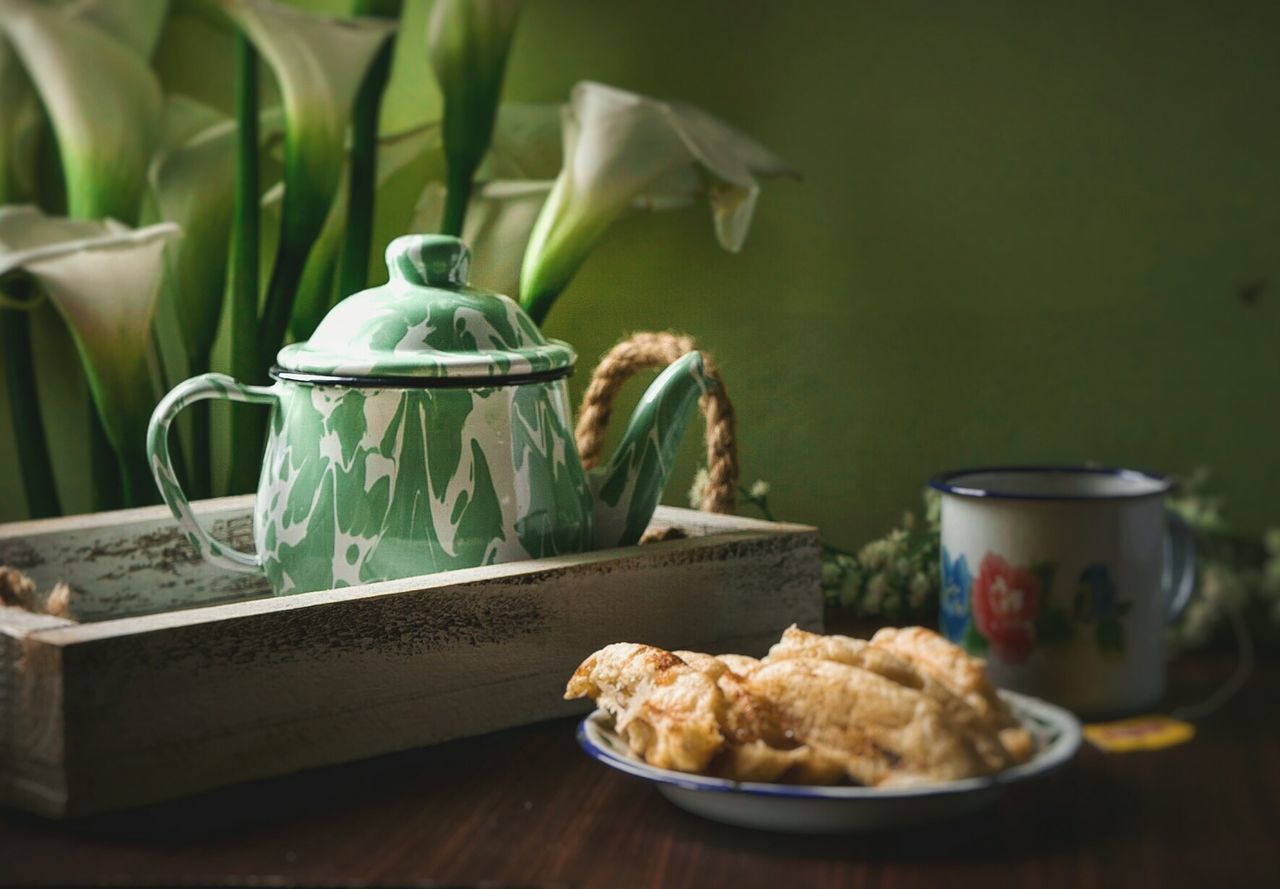 Close-up of food and drink on table