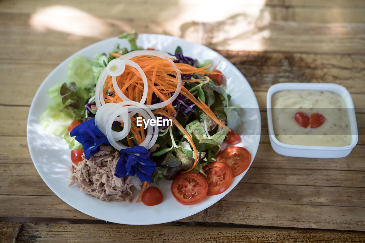 High angle view of meal served on table