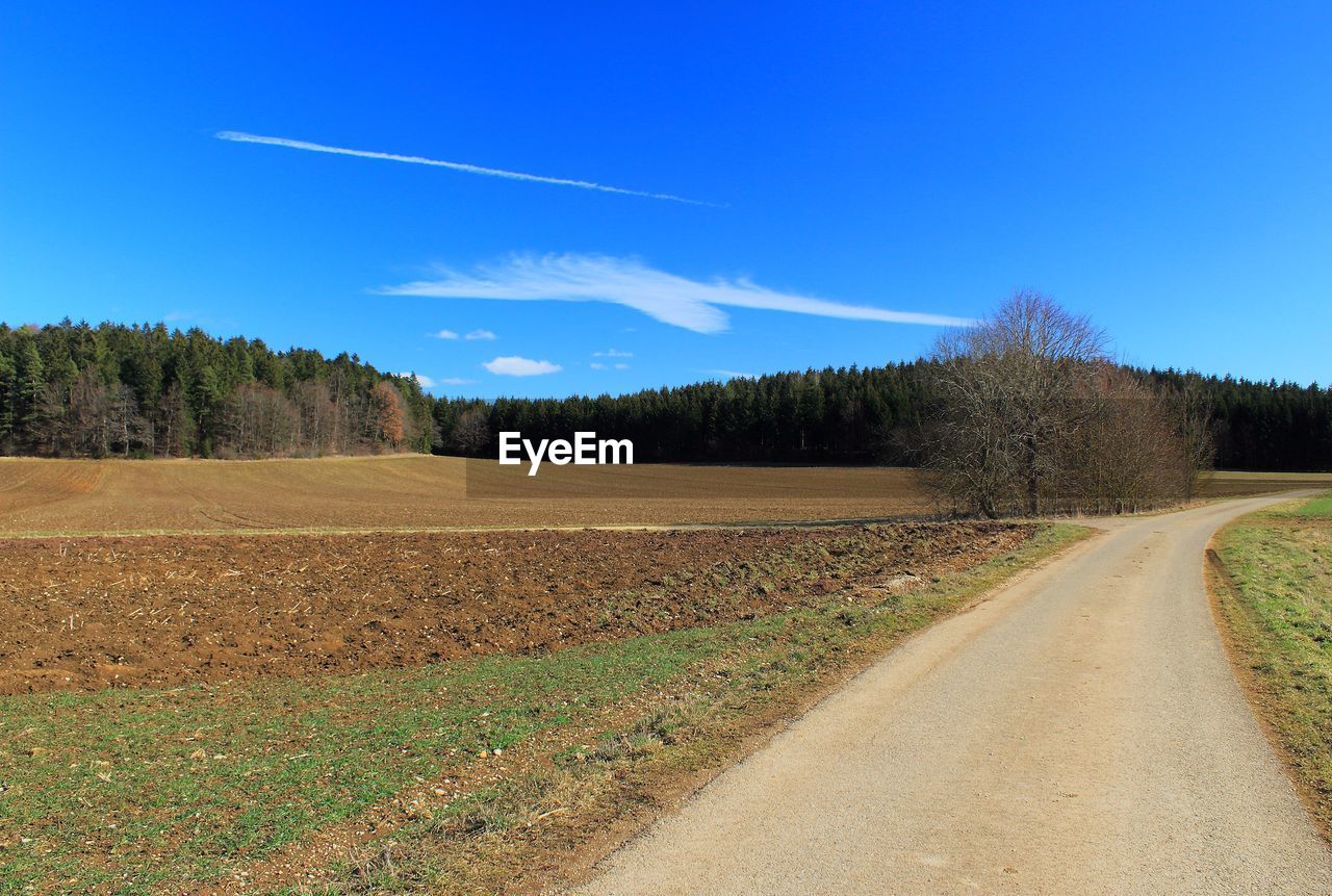 sky, plant, landscape, tree, field, environment, land, road, blue, nature, hill, grass, rural area, rural scene, prairie, scenics - nature, no people, transportation, plain, grassland, beauty in nature, soil, horizon, agriculture, cloud, tranquility, tranquil scene, dirt, dirt road, clear sky, non-urban scene, meadow, growth, outdoors, the way forward, day