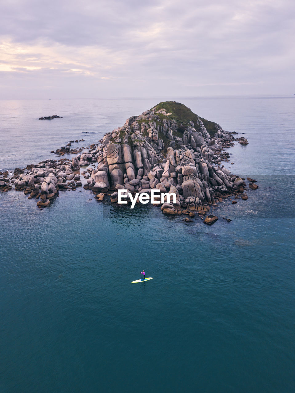 Aerial view of sup surfer ,triozerye, primorsky region, russia