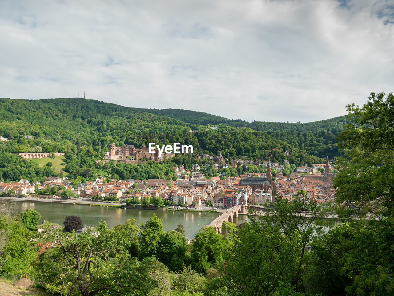 SCENIC VIEW OF RIVER AND TREES BY BUILDINGS AGAINST SKY