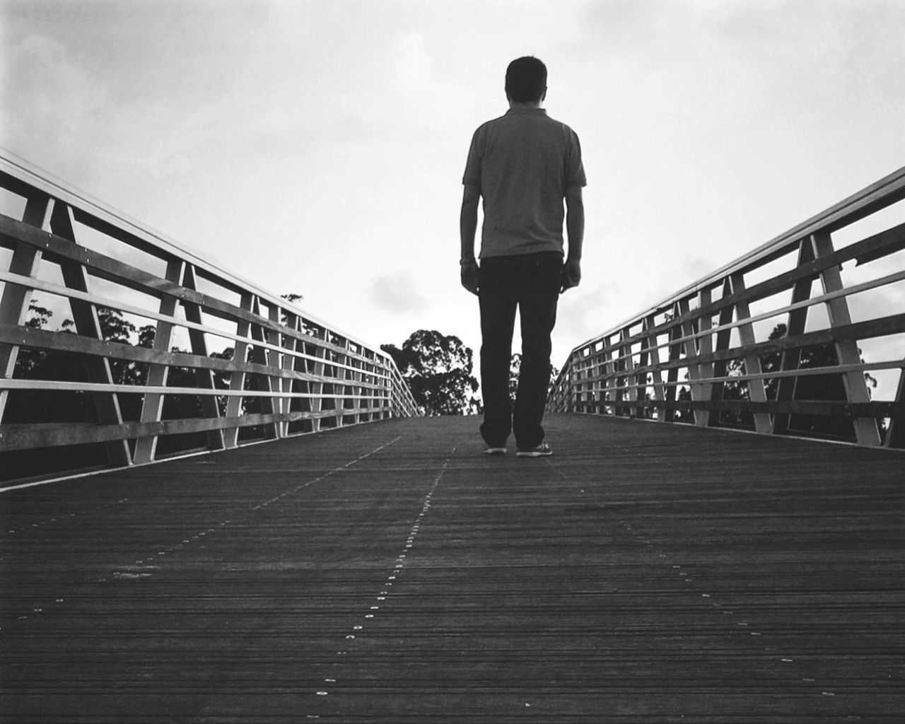 Full length rear view of man standing on bridge against sky