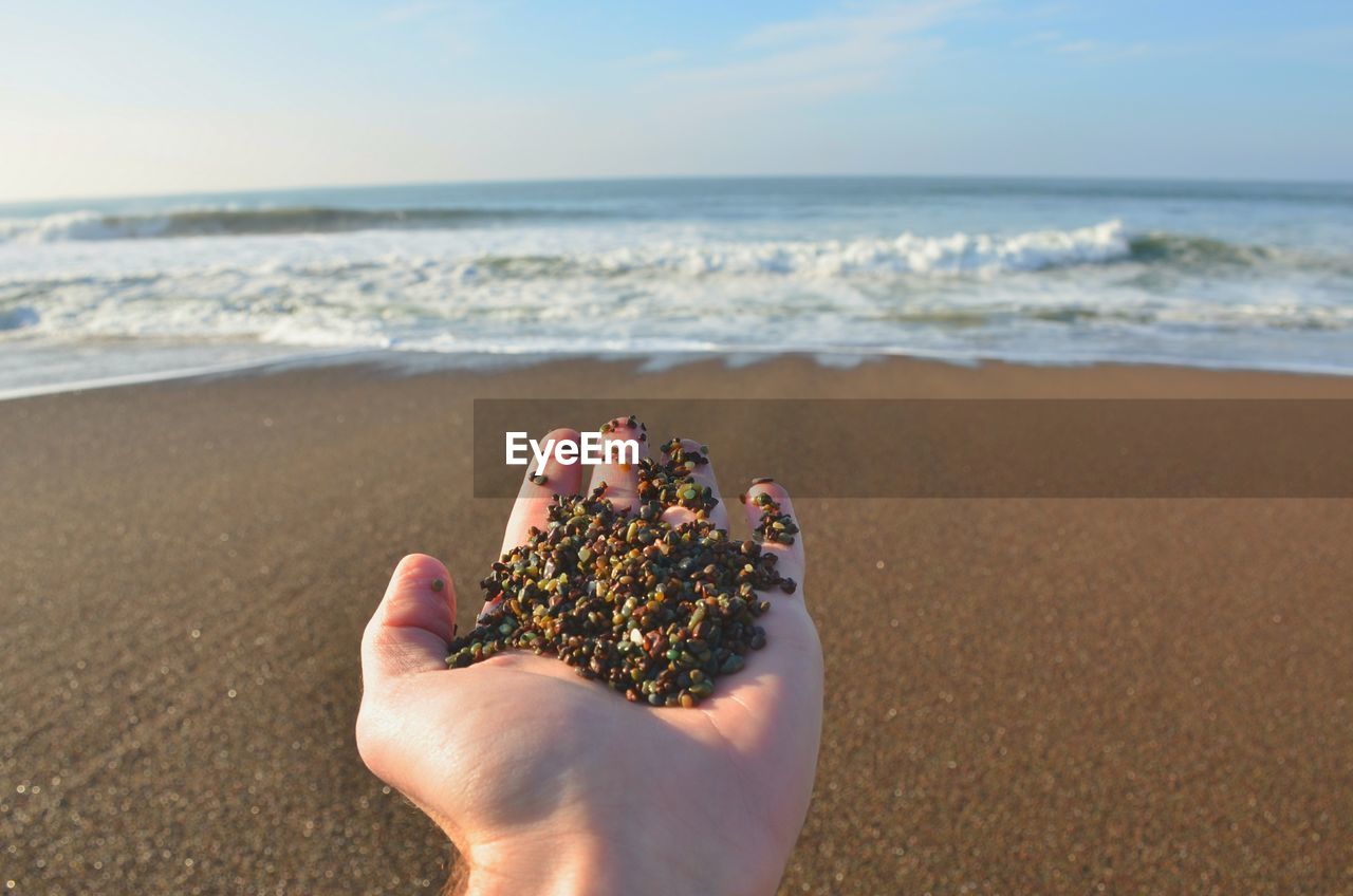 Midsection of person hand on sea shore