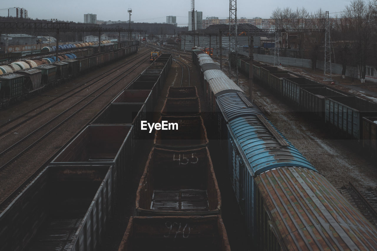 Railroad tracks along buildings