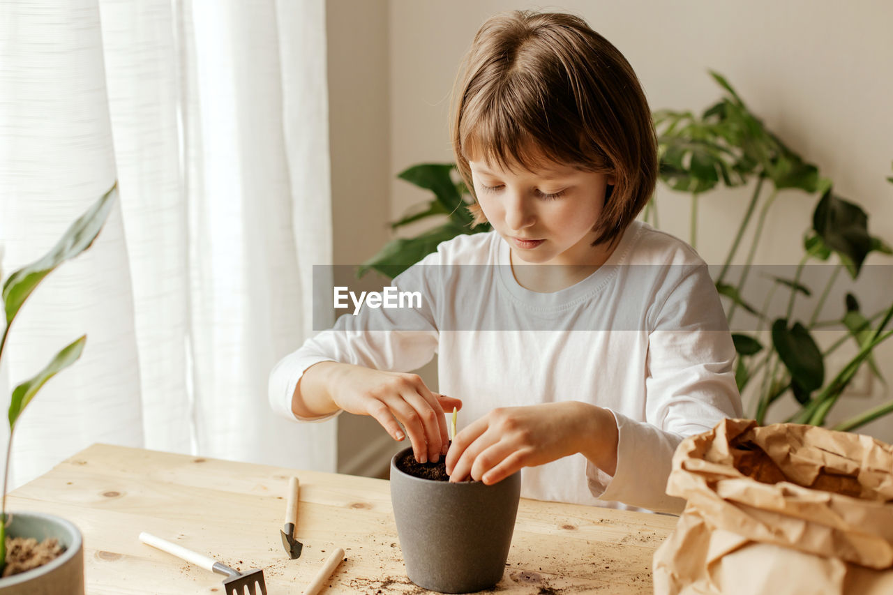 A cute little girl is planting or transplanting plants in a flower pot at home. hobby 