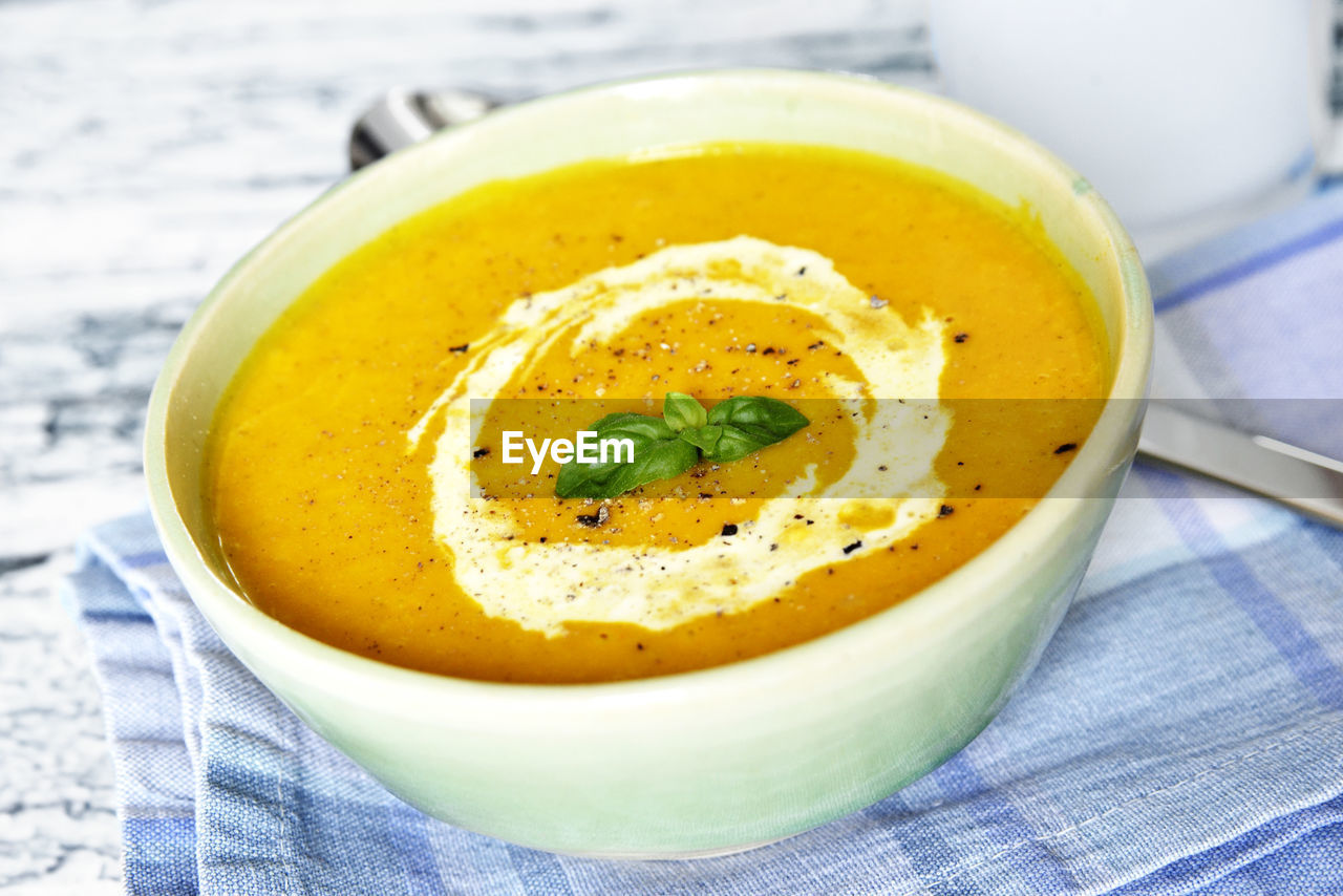 High angle view of soup in bowl on table