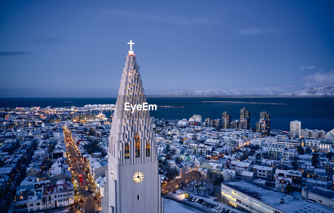 Picturesque drone view of illuminated church in reykjavik