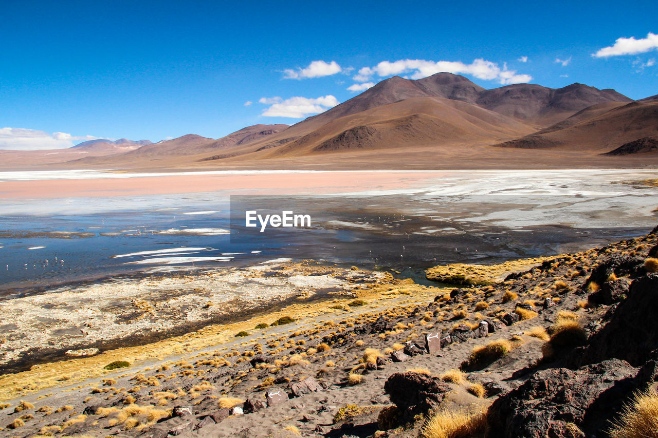 Scenic view of landscape and mountains against blue sky