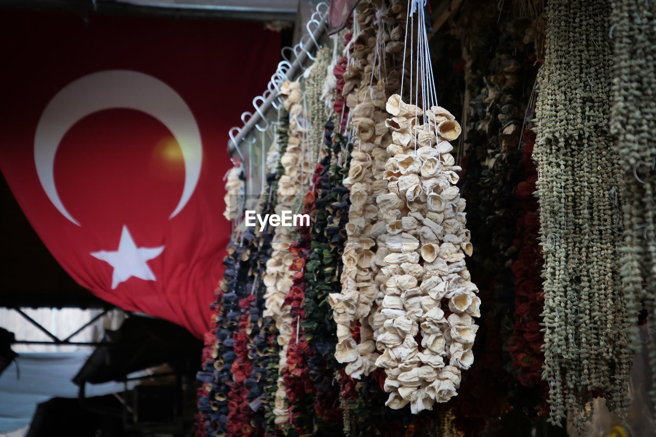 Low angle view of dried garlic hanging in market