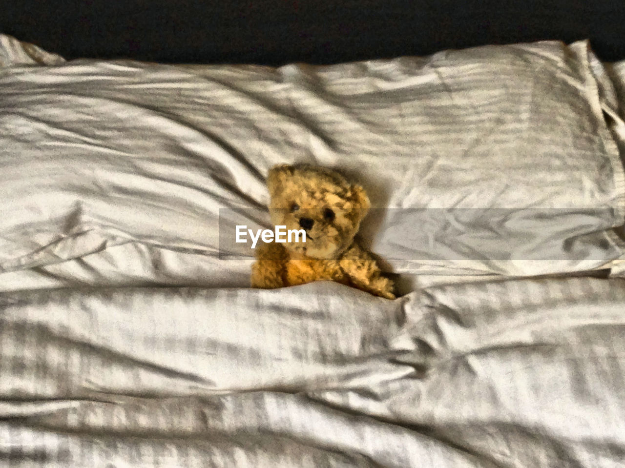 High angle view of teddy bear on bed at home