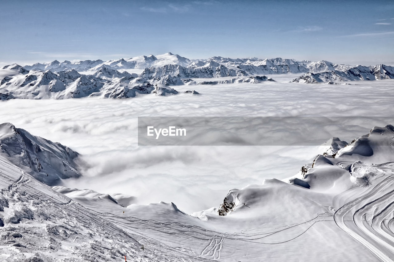 Scenic view of snowcapped mountains against sky