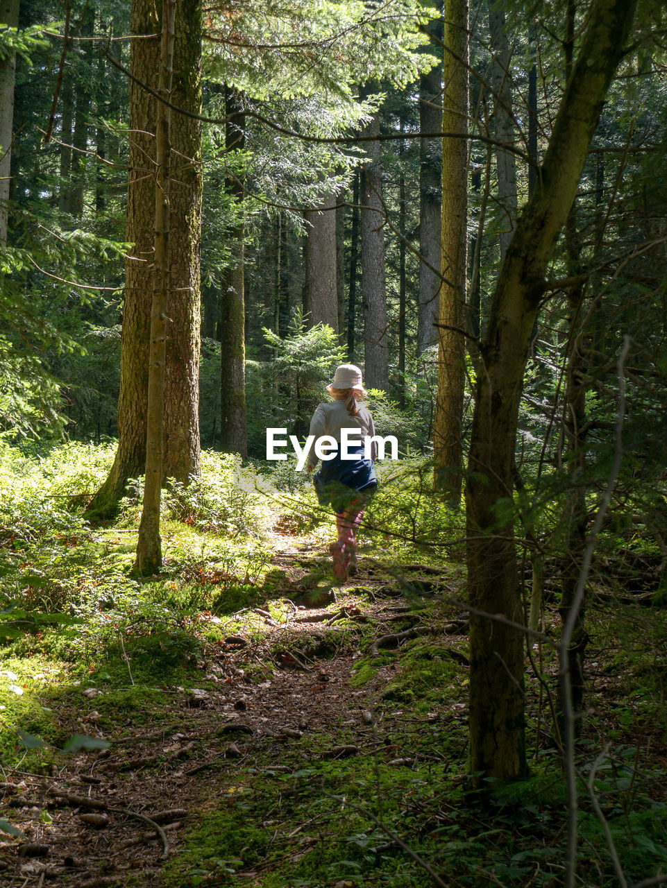 Rear view of girl running in forest