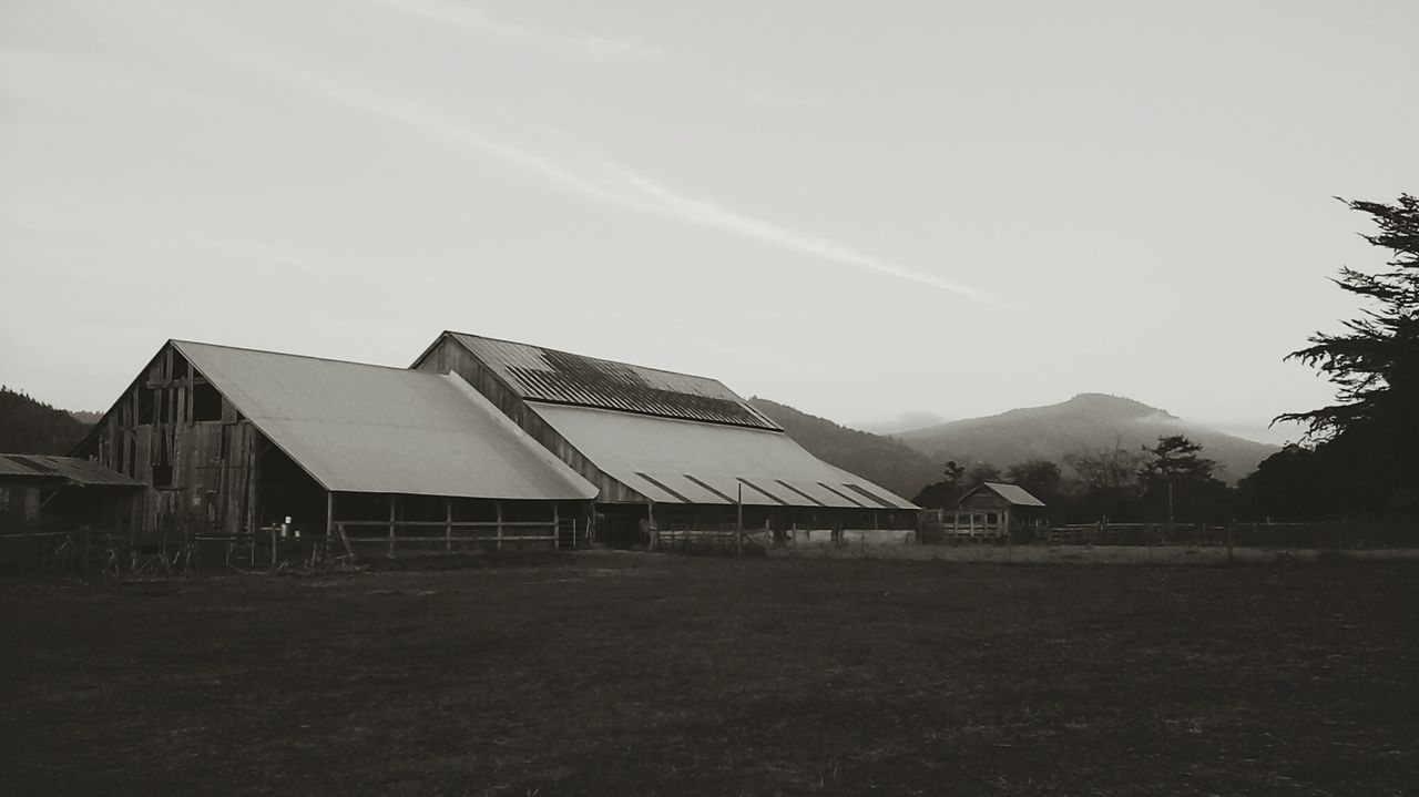 Abandoned barns on field against sky