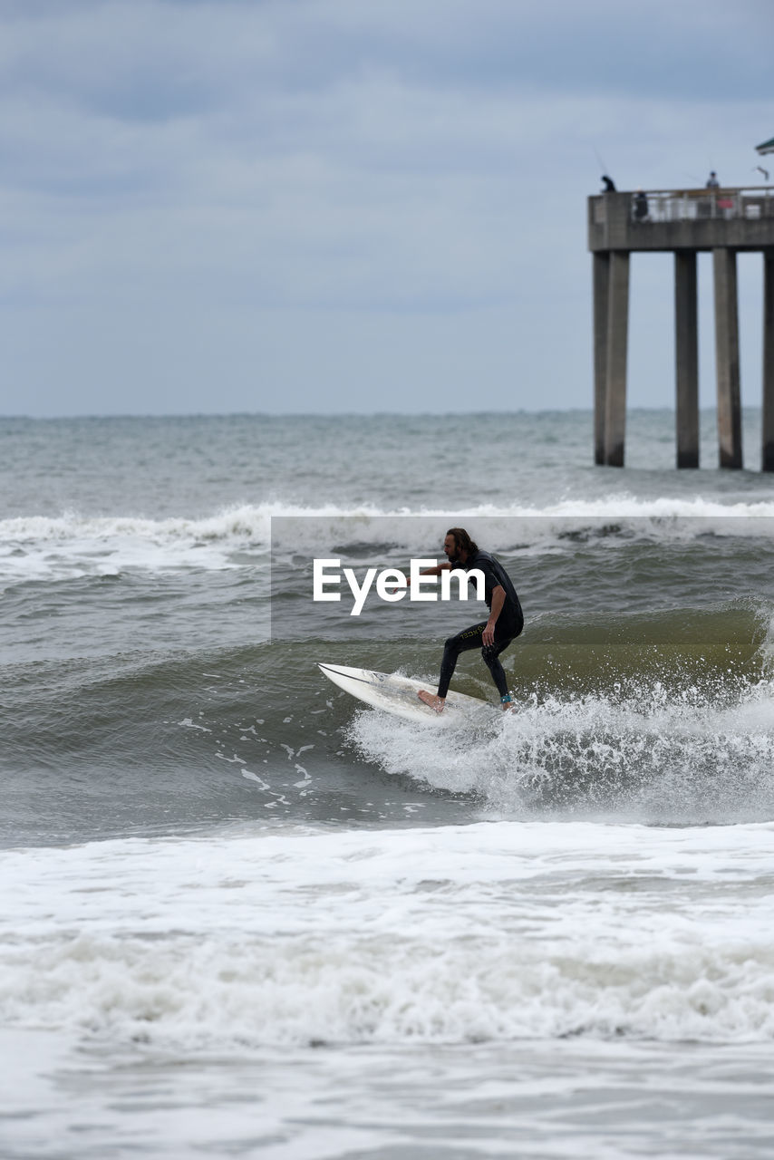 FULL LENGTH OF MAN ON SEA AGAINST SKY