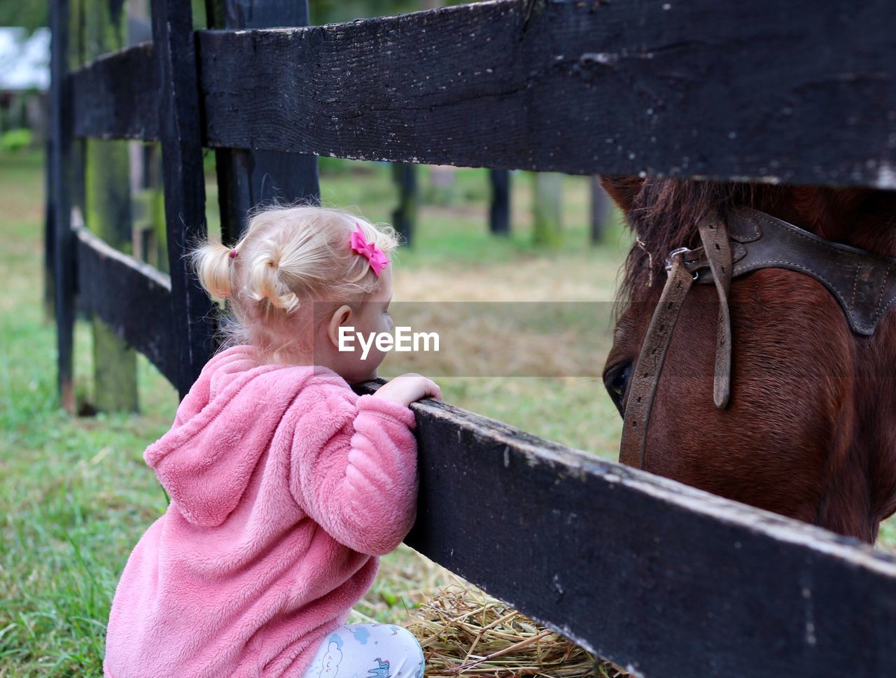 Girl looking at horse while leaning on fence