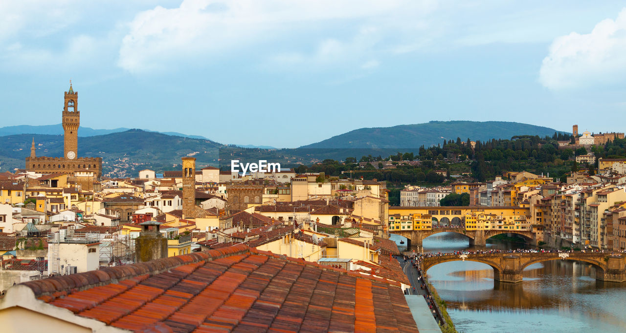 View over florence with the ponte vecchio and palazzo vecchio, italy.