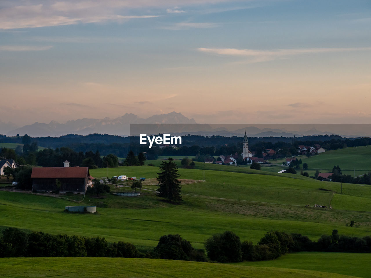 SCENIC VIEW OF GRASSY FIELD AGAINST SKY DURING SUNSET
