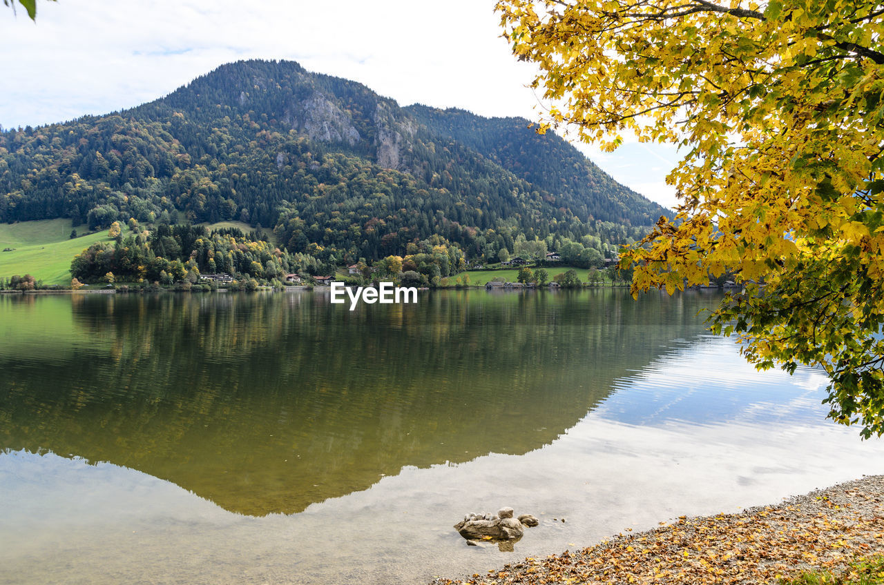 Scenic view of lake and mountains against sky