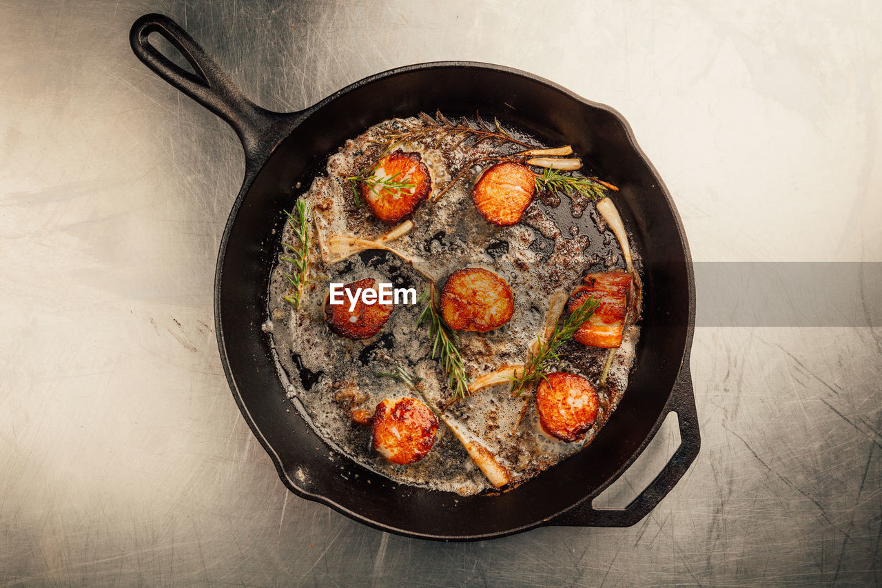 Directly above shot of food in frying pan