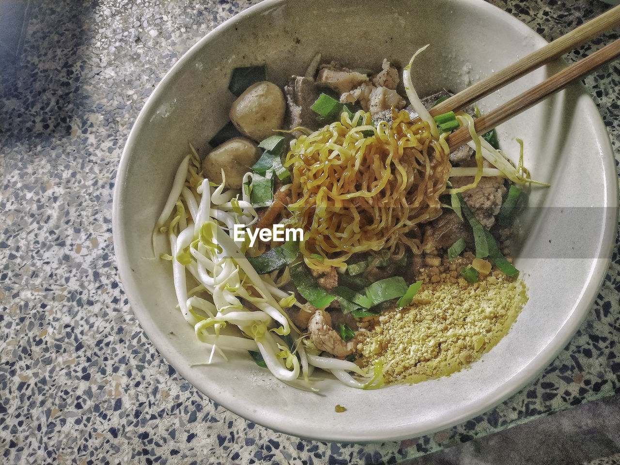 High angle view of vegetables in bowl on table