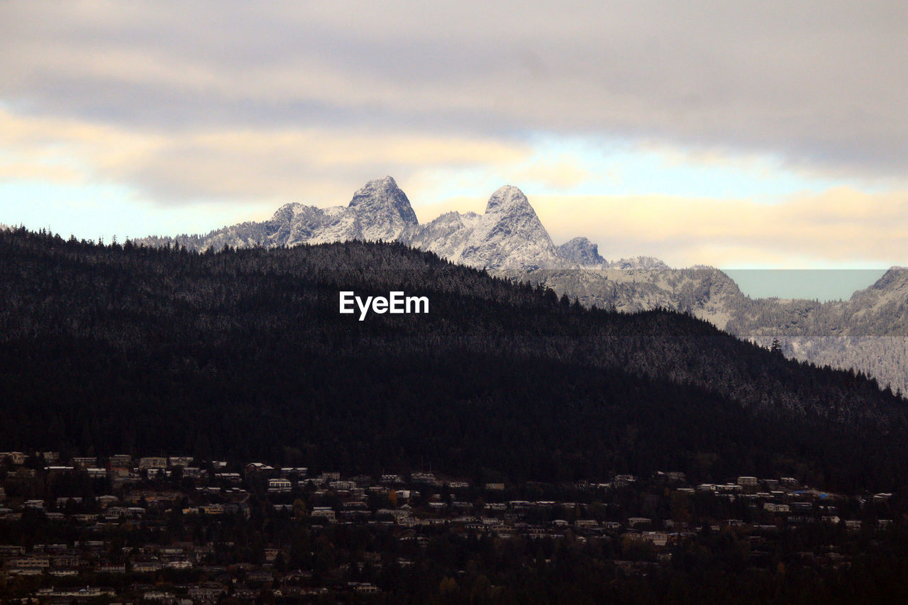 Scenic view of mountains against cloudy sky