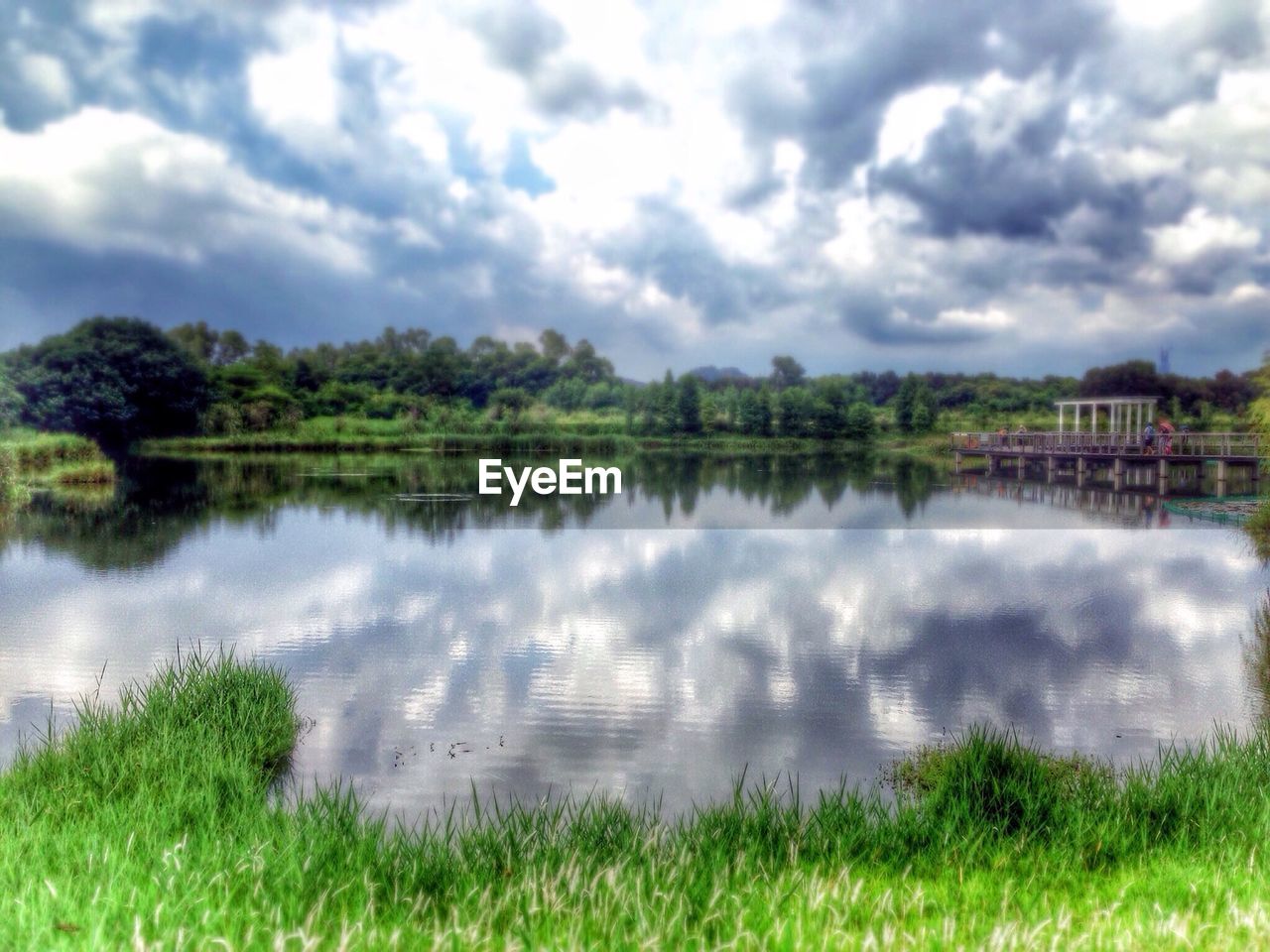 Scenic view of lake against cloudy sky