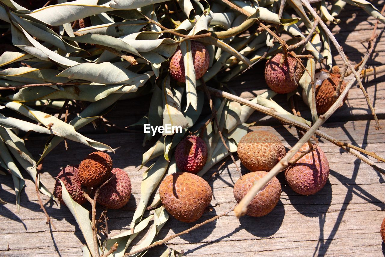 High angle view of lychees on table