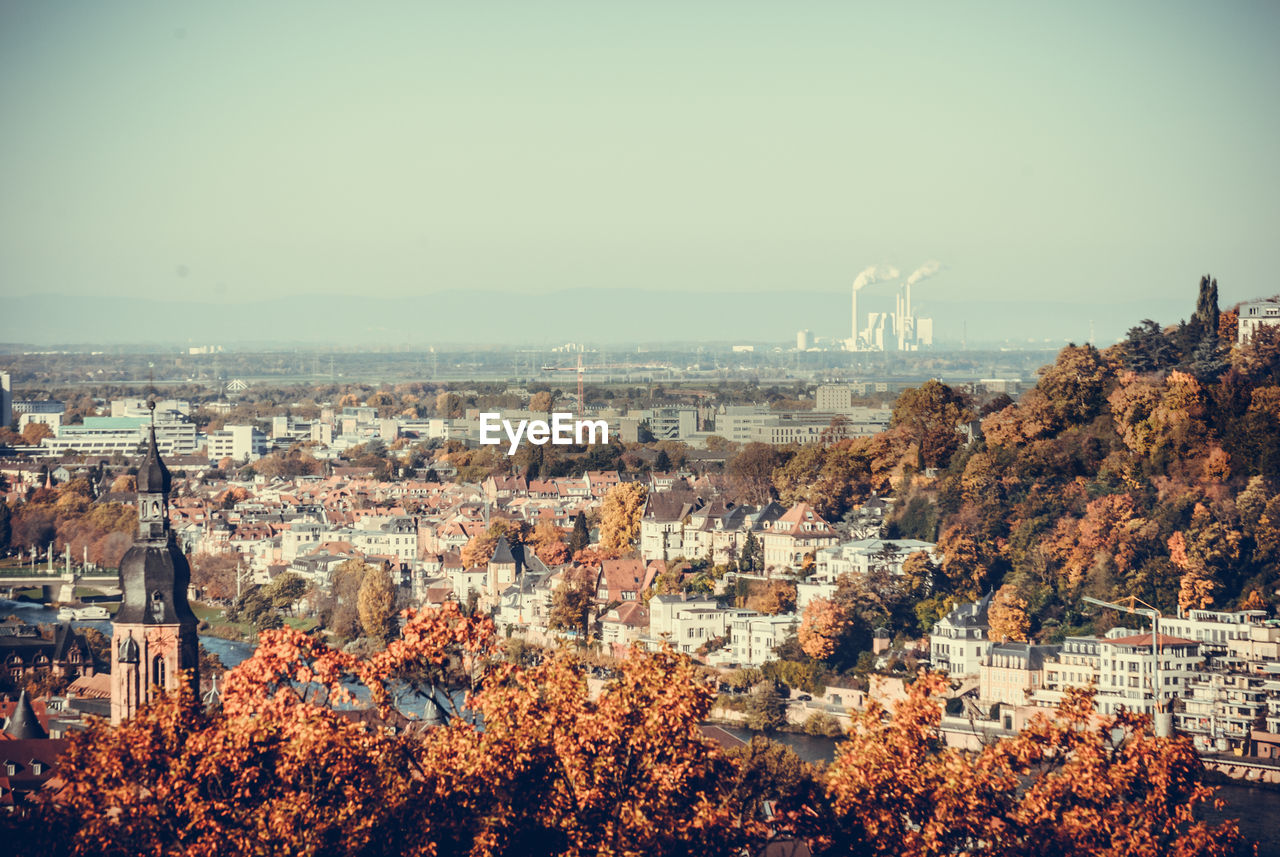 High angle view of buildings against clear sky