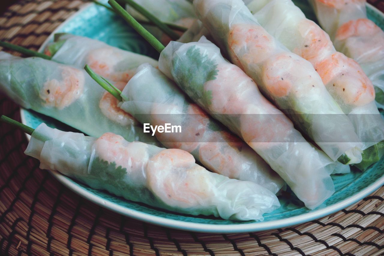 Close-up of uncooked spring rolls in plate