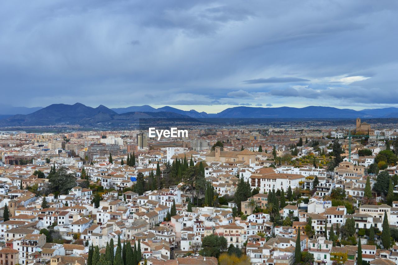 High angle view of townscape against sky. granada, spain.