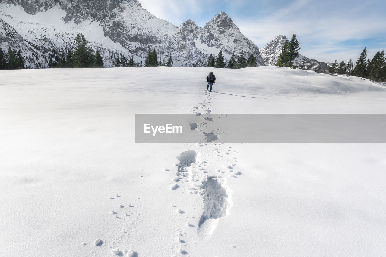 Person standing on snowcapped mountain