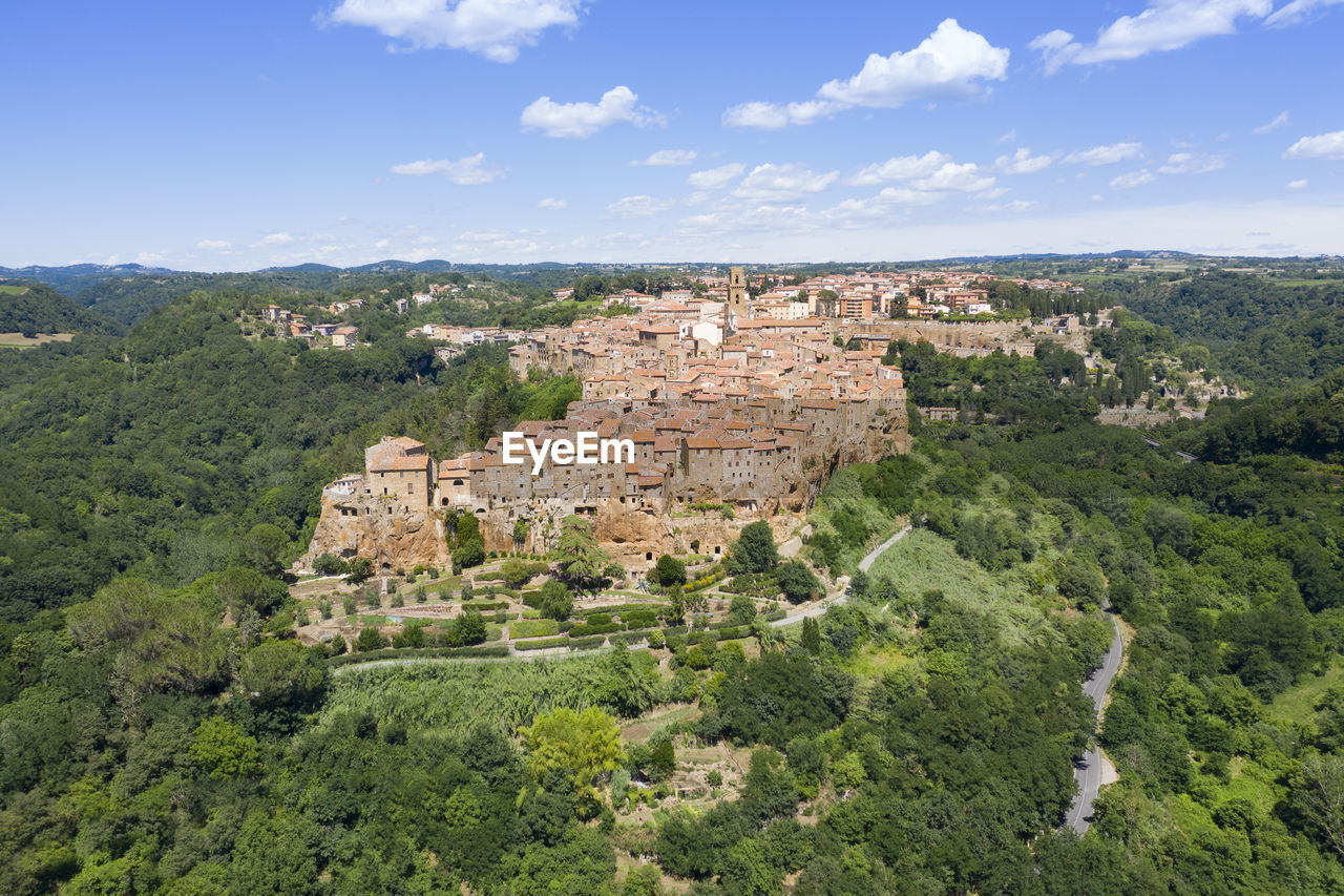 Aerial view of the medieval town of pitigliano in the province of grosseto on the hills