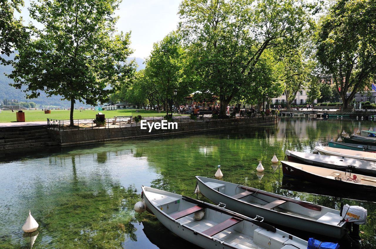 Boats moored in lake against trees