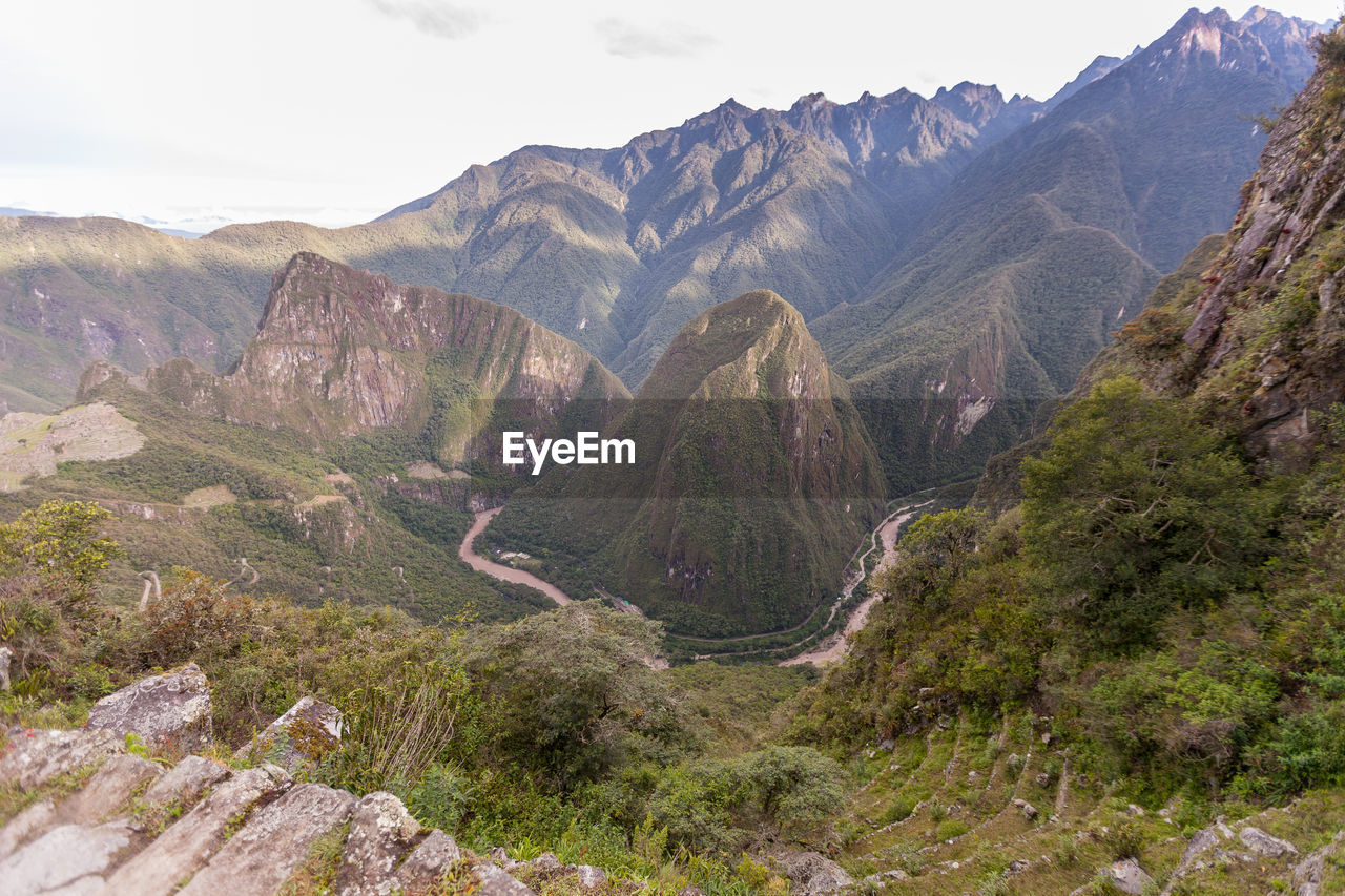 Scenic view of river amidst mountains