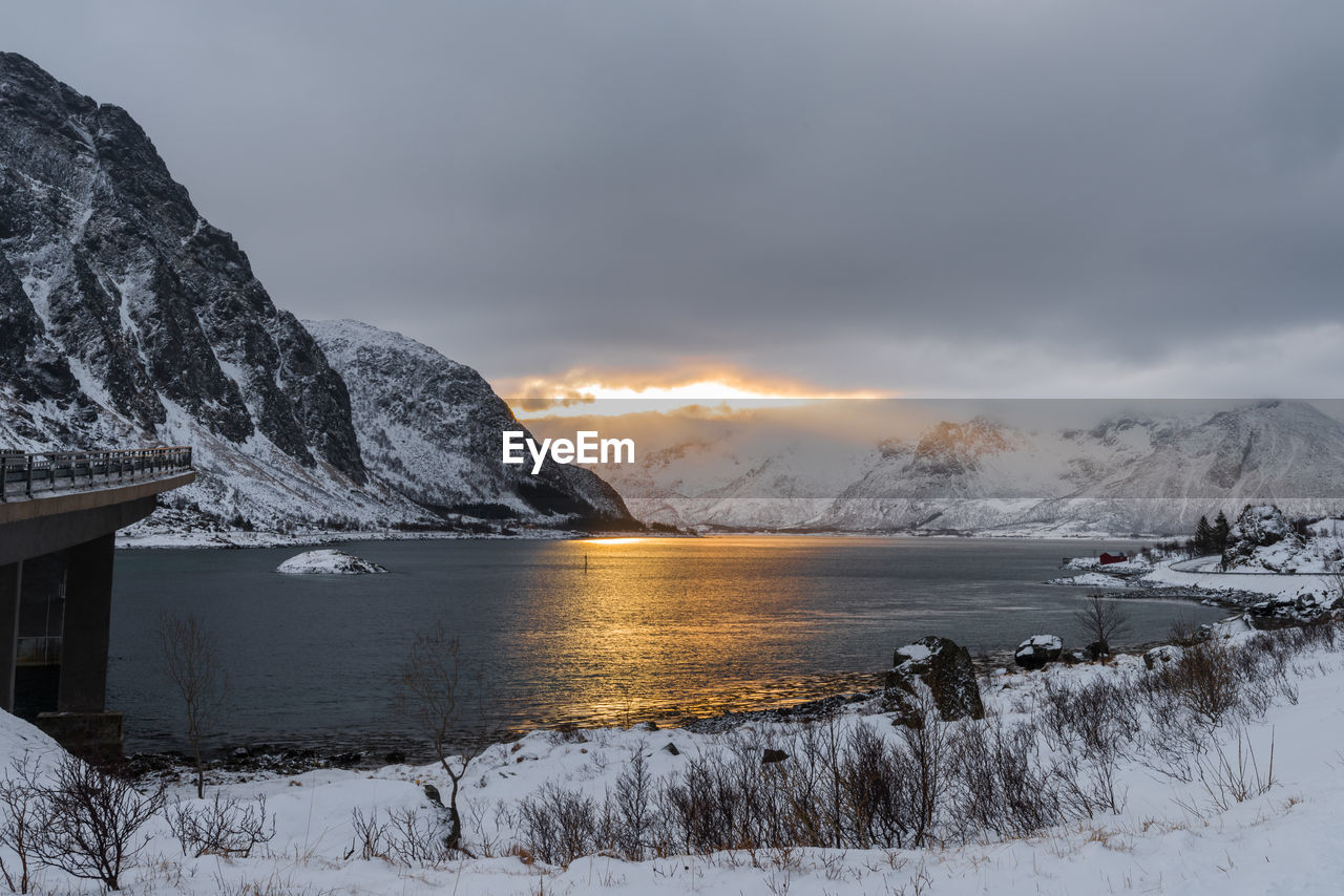 SCENIC VIEW OF SNOWCAPPED MOUNTAINS AGAINST SKY DURING SUNSET