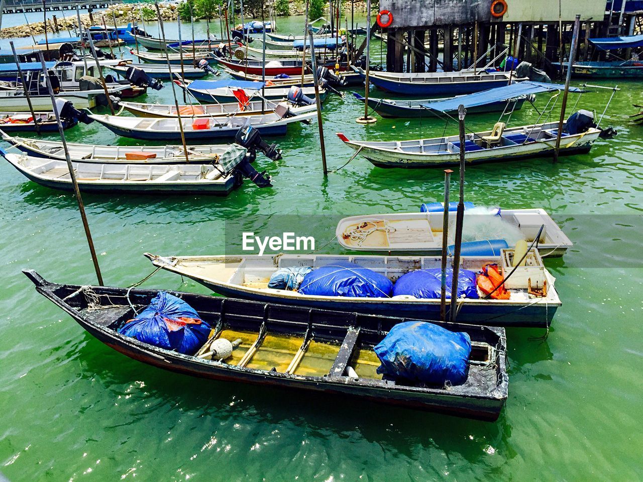 High angle view of boats in sea